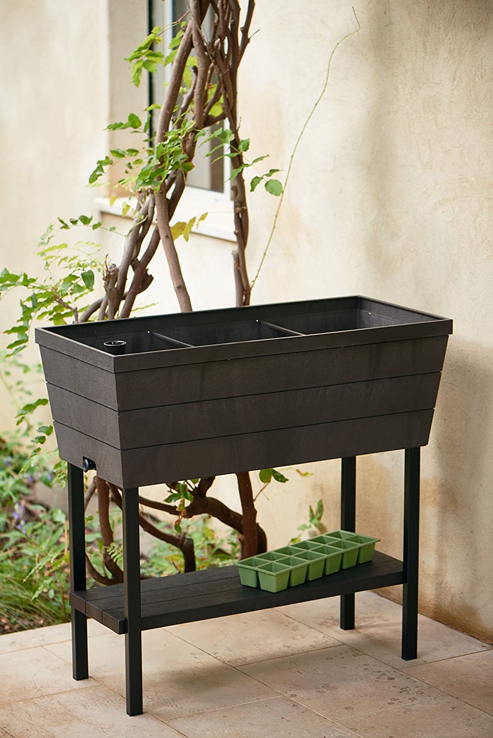 12.7 Gallon Raised Garden Bed with Self Watering Planter Box and Drainage Plug, Dark Grey