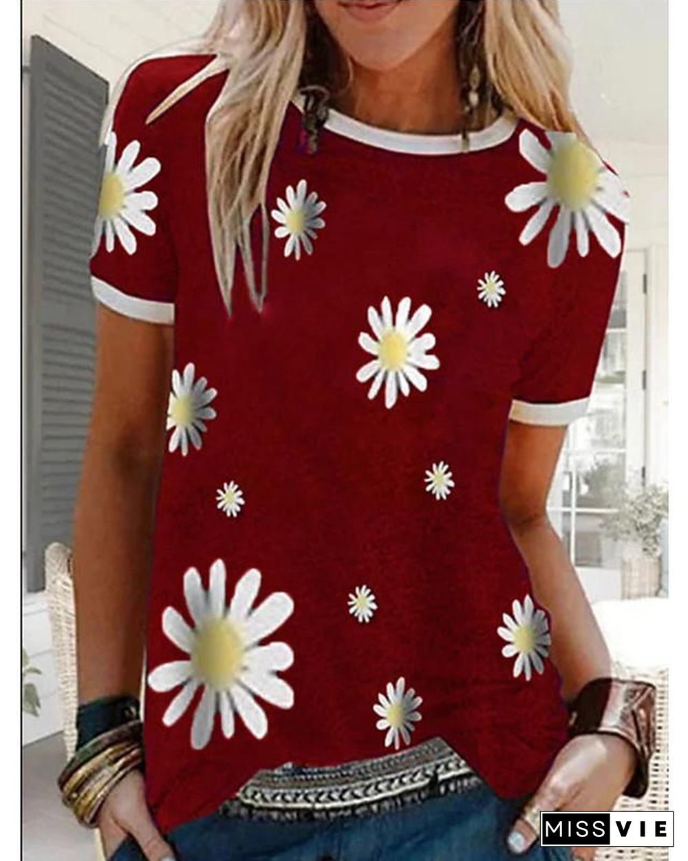 Women's T-shirt Floral Graphic Prints Flower Round Neck Tops Basic Top Black Blue Red