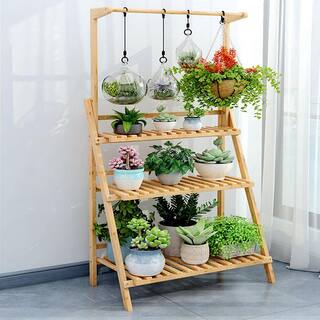 AESOME 56.8 in. x 27.5 in. Bamboo Hanging Plant Stand 3-Tier Ladder Display Rack for Garden Patio Succulent Basket Planter HJ70DL