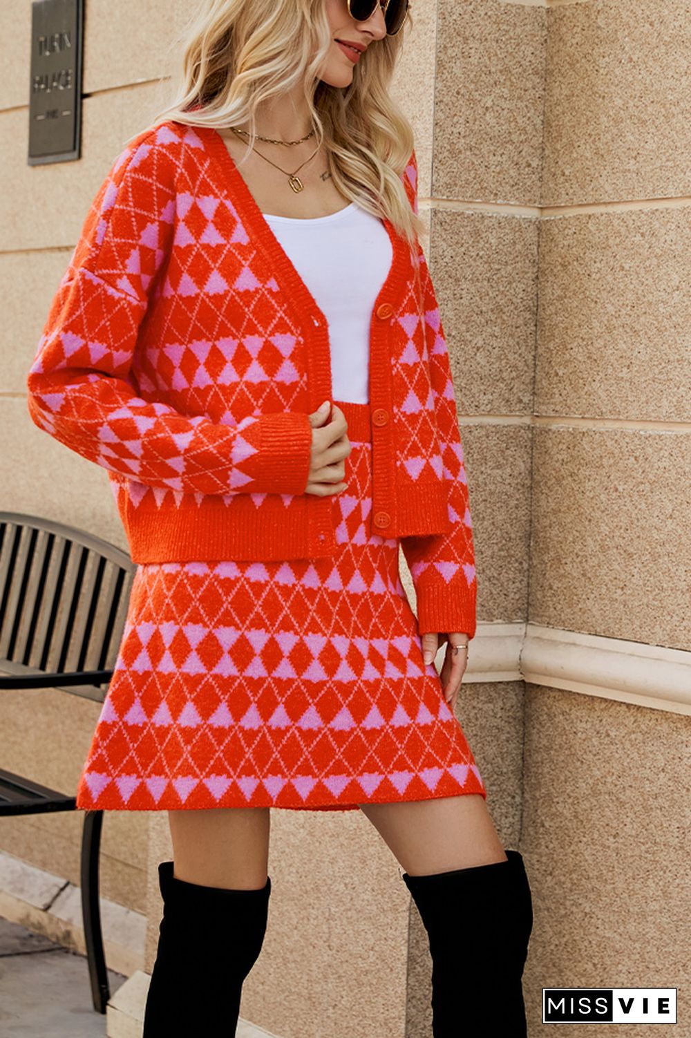 Geometric Knit Button Cardigan With Skirt Two Pieces Dress