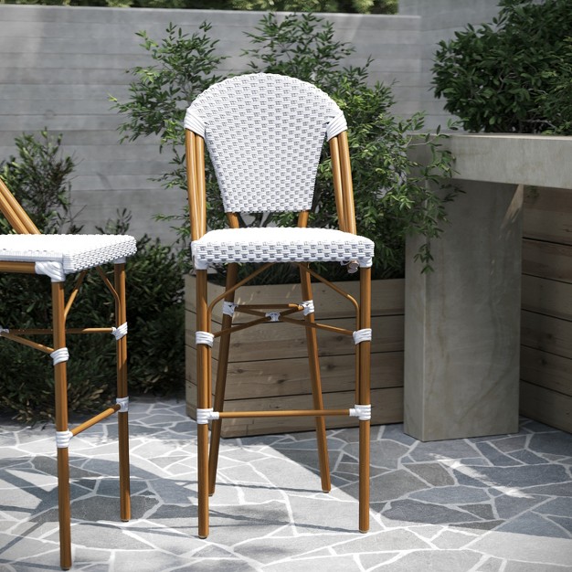 Merrick Lane Set Of Two Indoor outdoor Stacking French Bistro Bar Stools With White And Gray Patterned Seats And Backs amp Bamboo Finished Metal Frames