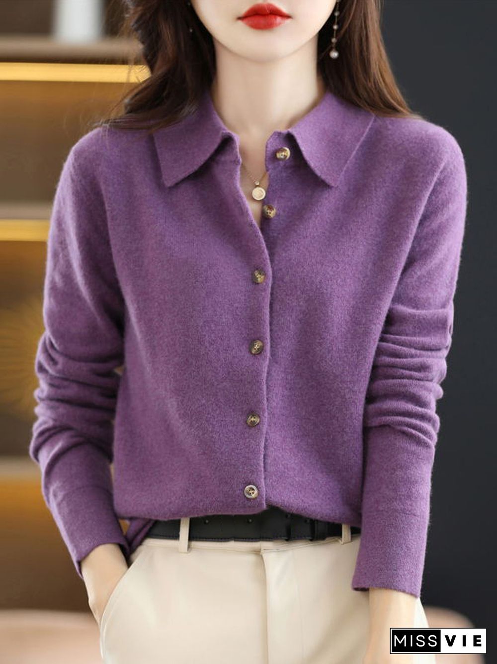 Casual Loose Long Sleeves Buttoned Solid Color Lapel Collar Cardigan Tops