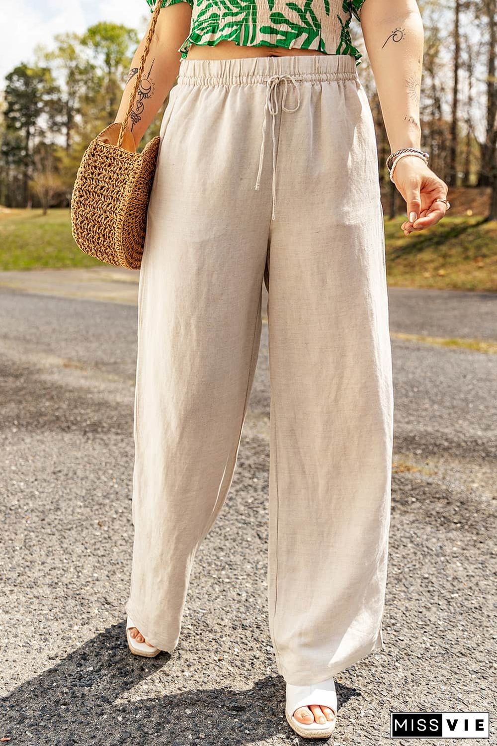 Apricot Linen Elastic Drawstring Waist Loose Pants