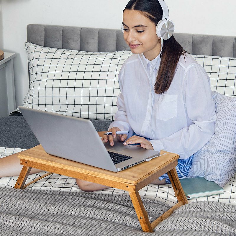 Wicker Laptop Lap Tray with Adjustable Legs and Tilting Heat-dissipation Top-Natural