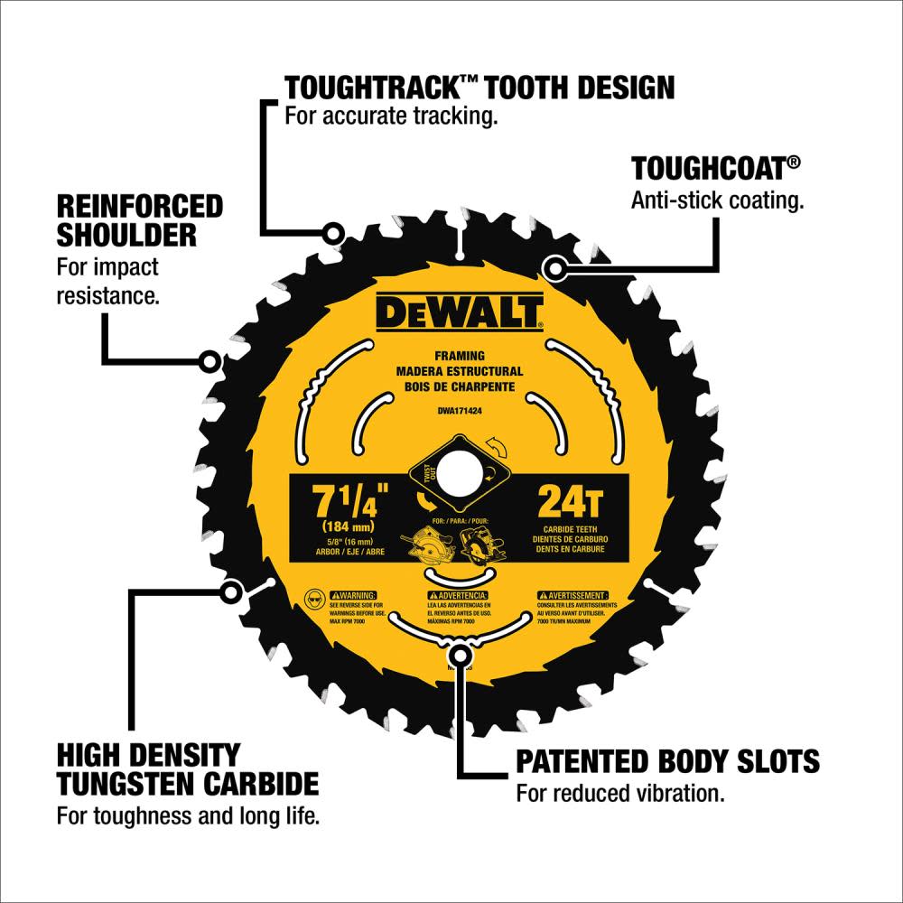 DW 7-1/4-in 24T Saw Blades with ToughTrack tooth design， 3 pk