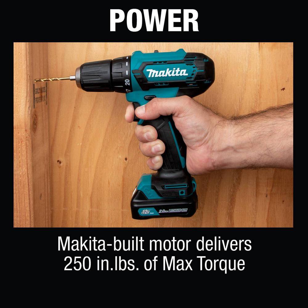 Makita 12V max CXT Lithium-Ion Cordless 38 in. Variable Speed Driver Drill Kit 2.0 Ah with Belt Clip and Tool Case FD09R1