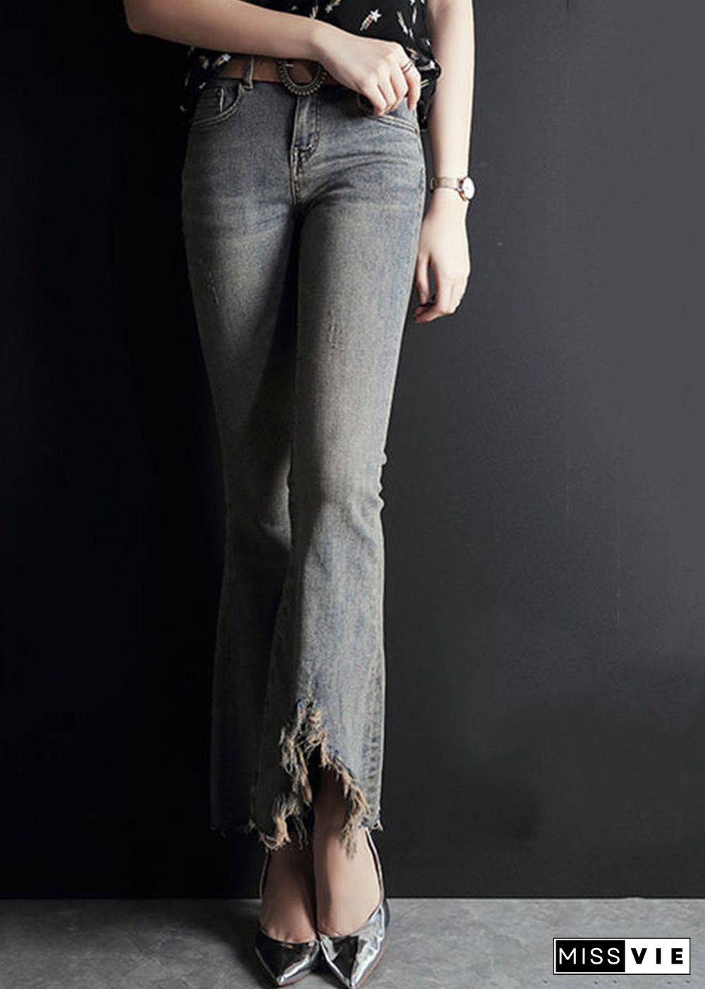 Fashion Light Blue Asymmetrical Pockets Cotton Denim Flare Pants Summer