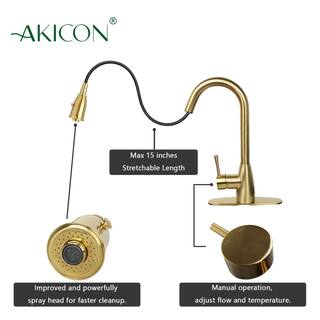 Akicon One-Handle Brushed Gold Pull Down Kitchen Faucet with Deck Plate Soap Dispenser and Air Gap Cap AK96455BTG-S2DA