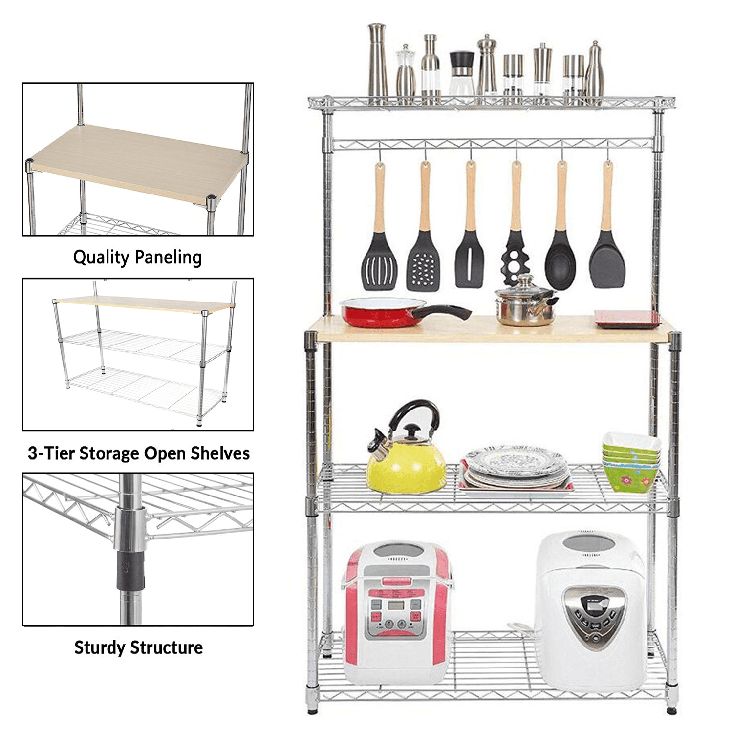 Nisorpa Baker's Rack for Kitchens， Microwave Stand Storage Rack， Kitchen Storage Organizer Shelf Workstation with 6 Hooks