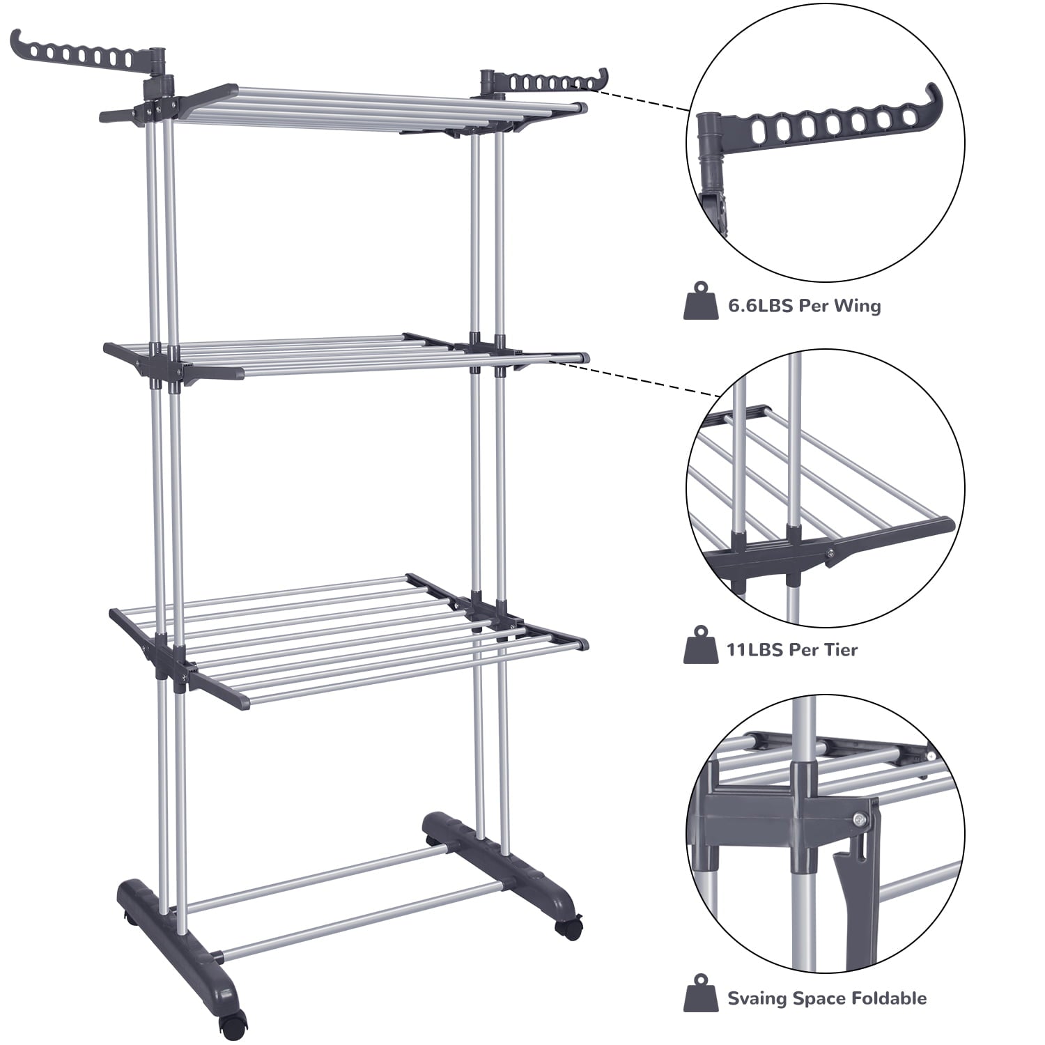 Bigzzia Foldable Clothes Laundry Rack 3 Tier Clothes Drying Rack with Stainless Steel Hanging Rods, Drying Rck for ClothesGray