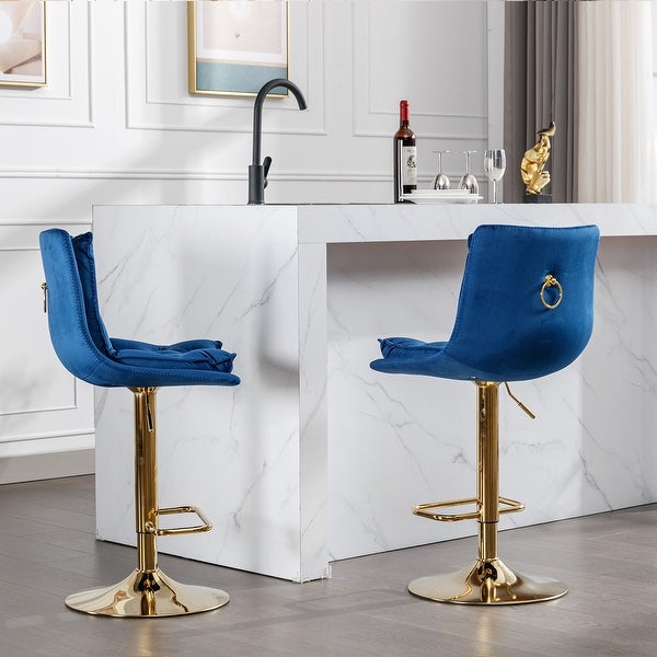 Set of 2 Bar Stools，with Chrome Footrest and Base Swivel Height Adjustable Mechanical Lifting Velvet and Golden Leg