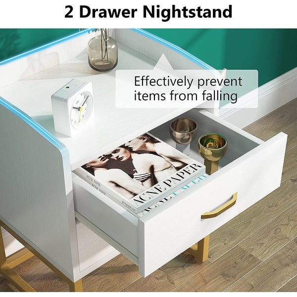 White and Gold Nightstand Bedside Table with 2 Drawers