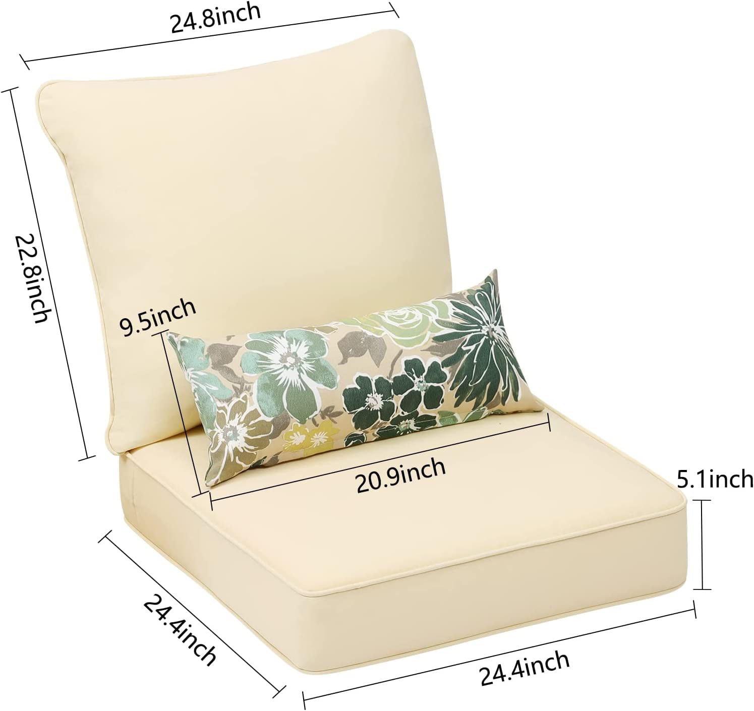 Aoodor 25” x 25” Patio Furniture Outdoor Deep Seat Cushion Beige(2 Back 2 Seater 2 Pillow )