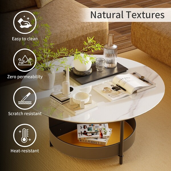 Sintered Stone Round Coffee Table Microfiber Saddle Leather Covered