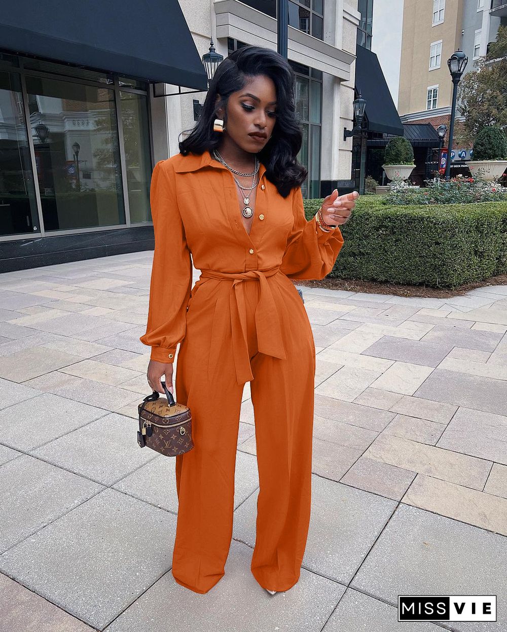 Solid Turn Down Collar Wide Leg Jumpsuit With Belt