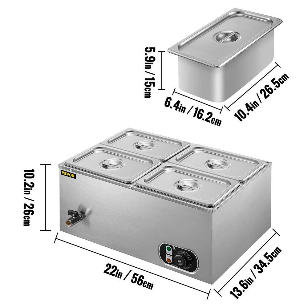 VEVOR 6 in. Deep Commercial Food Warmer 4 x 14GN 4-Pan Stainless Steel Bain Marie Steam Table 14.8 Qt. 1500Watt PT4BM-22B110V3MI7V1