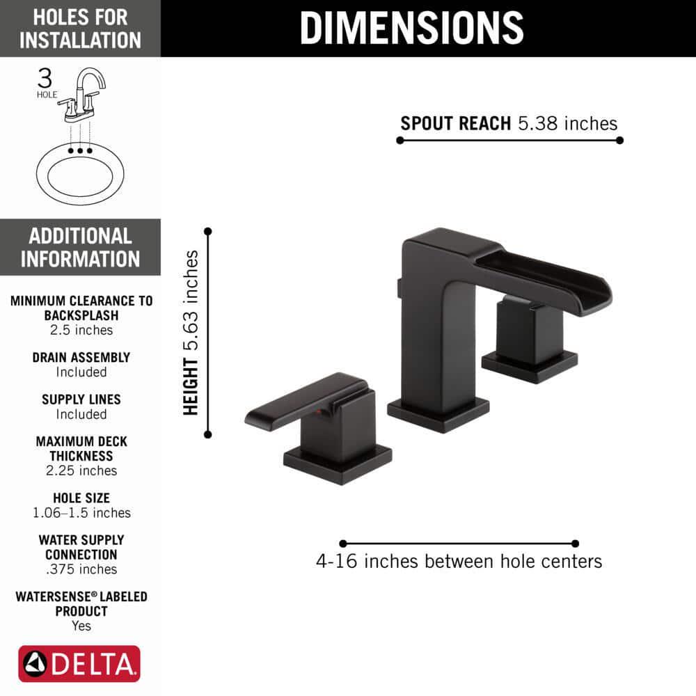 Delta Ara 8 in Widespread 2Handle Bathroom Faucet with Channel Spout and Metal PopUp in Matte Black