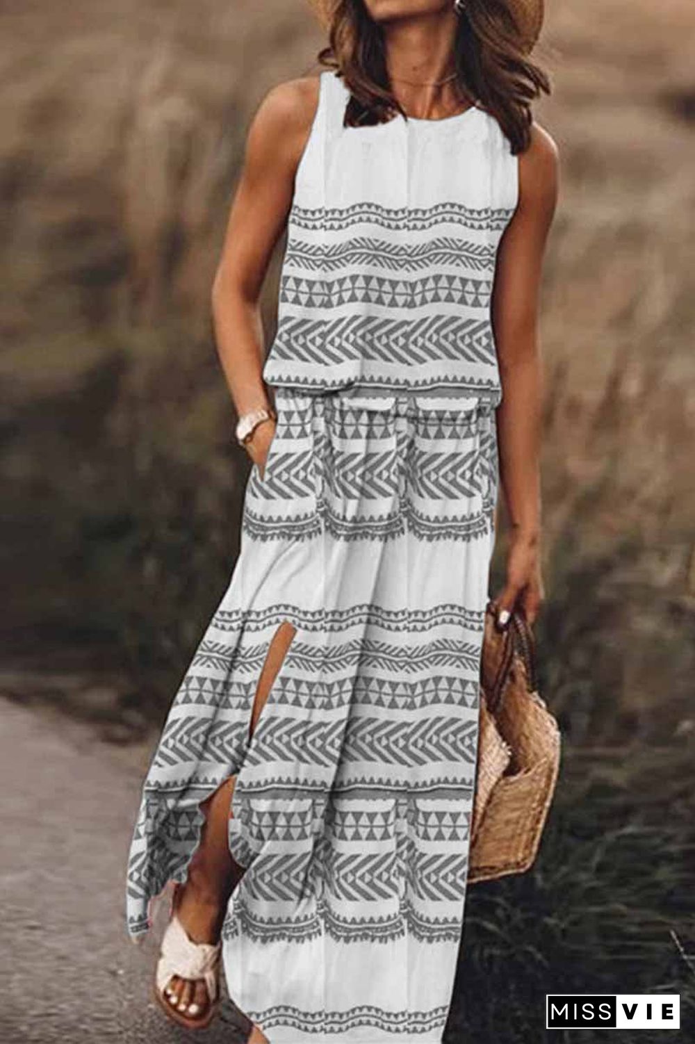 Printed Striped Maxi Dress With Pocket