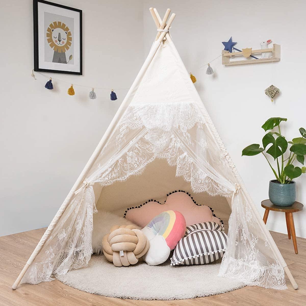 Kids Teepee Tent, Foldable Children Lace Play Tent for Indoor & Outdoor