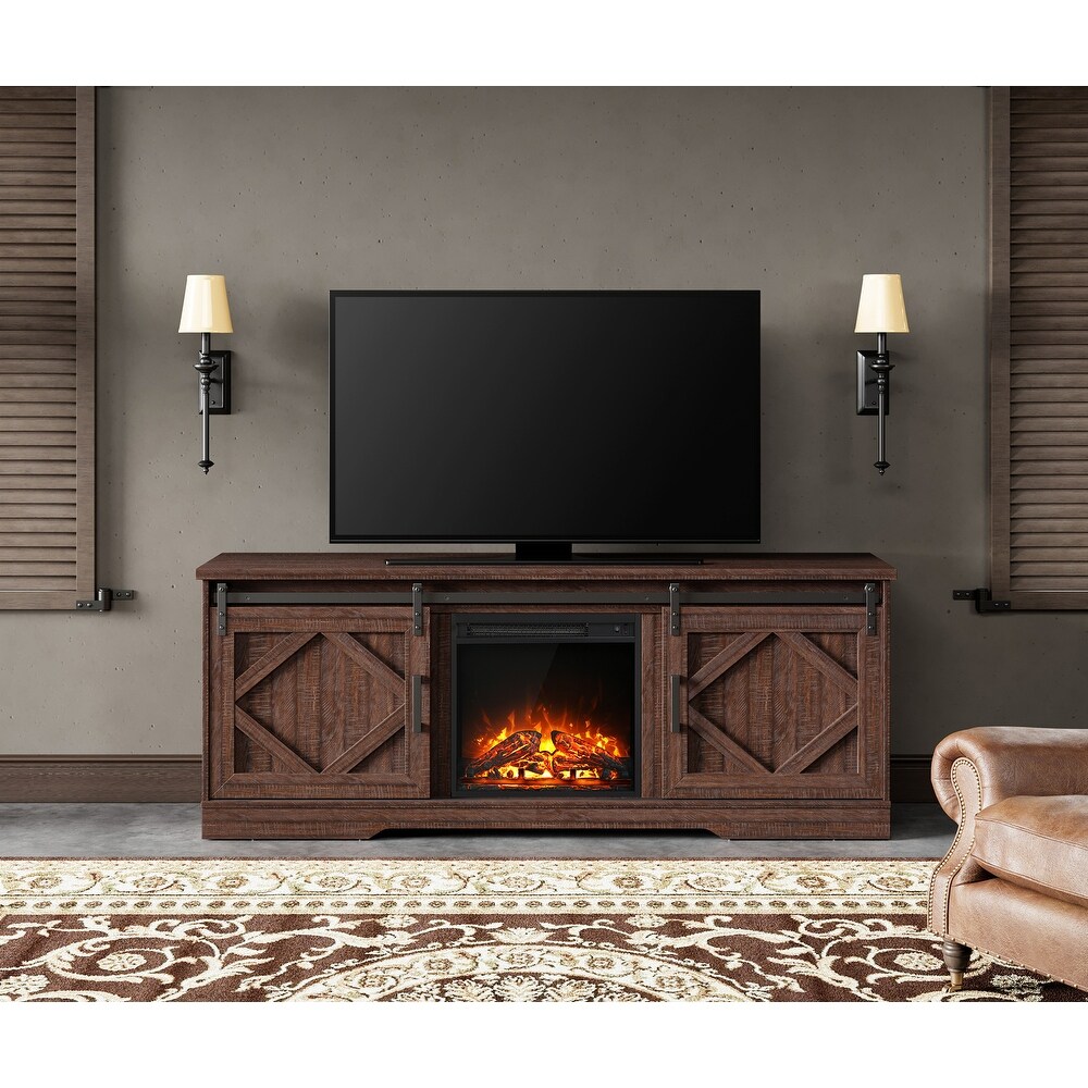 Fireplace TV Stand Farmhouse Sliding Barn Door Entertainment Center