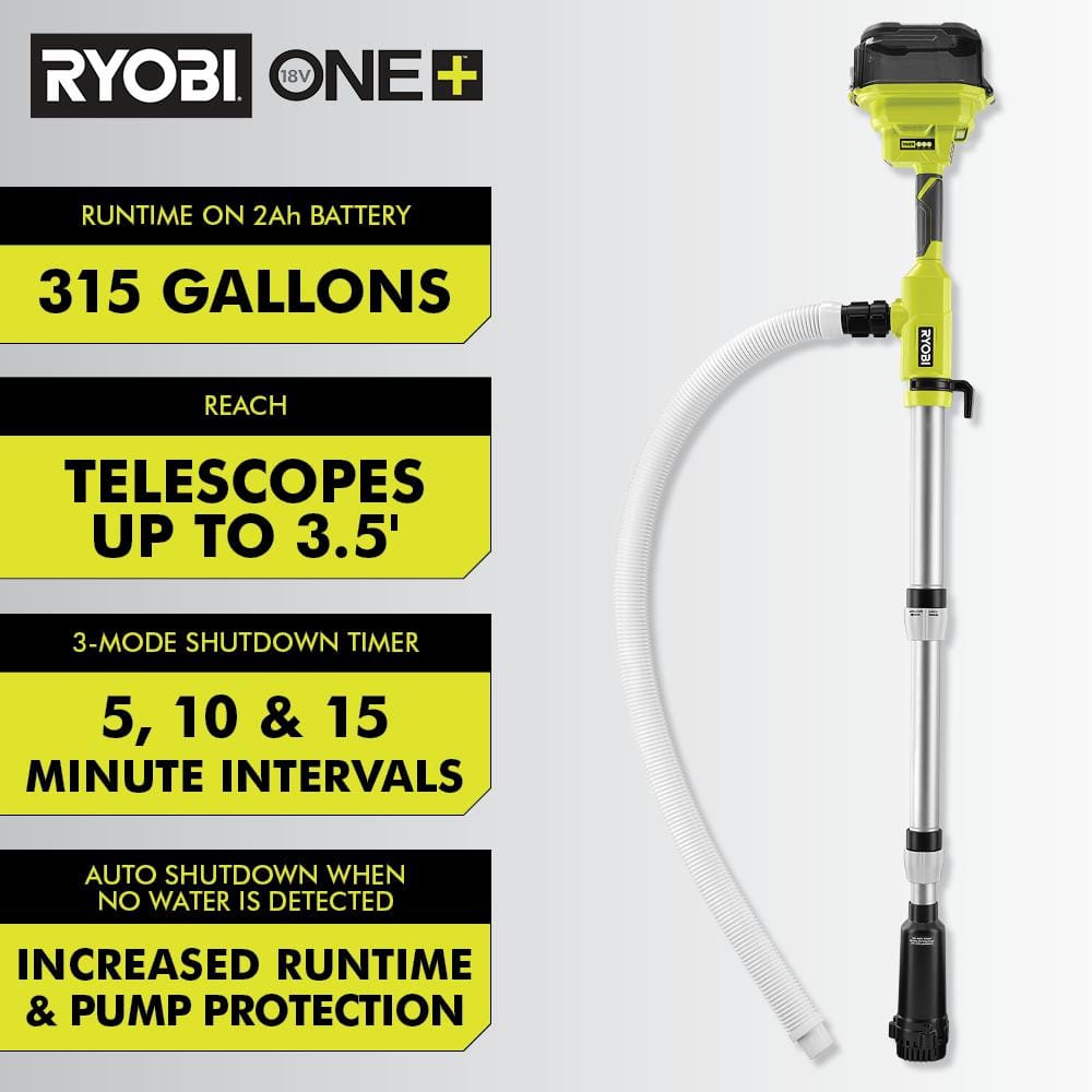 RYOBI ONE+ 18V Cordless 1/6 HP Telescoping Pole Pump with 2.0 Ah Battery and Charger RY20UP022K