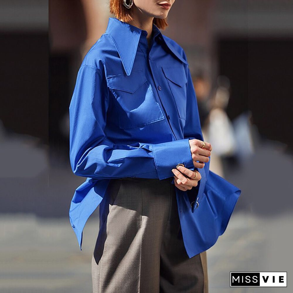 Women Blue Back Vent Temperament Blouse New Lapel Long Sleeve Loose Fit Shirt Fashion Tide Spring Autumn