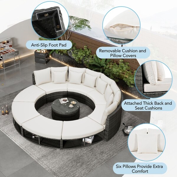 9Piece Outdoor Patio Furniture，Circular Outdoor Sofa Set with Tempered Glass Coffee Table