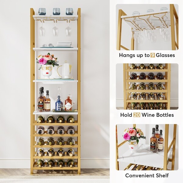 20 Bottle Freestanding Floor Wine Rack， 9 Tier Floor Liquor Cabinet with Glass Holder and Storage Shelves