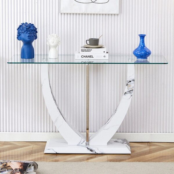 Modern and simple rectangular glass dining table in white with a pattern，white top and gold legs，suitable for entrance