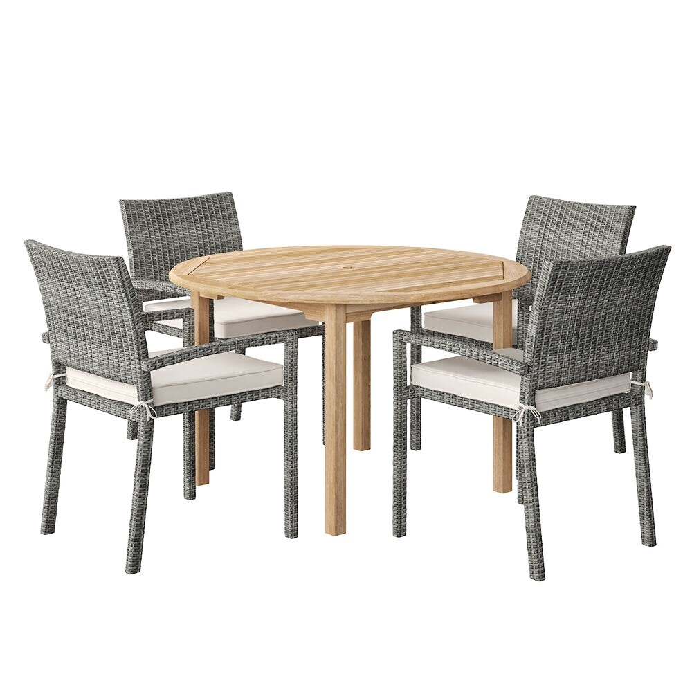 Barry 5 Piece Outdoor Dining Set Teak Wicker Round Patio Furniture with Off White Cushions