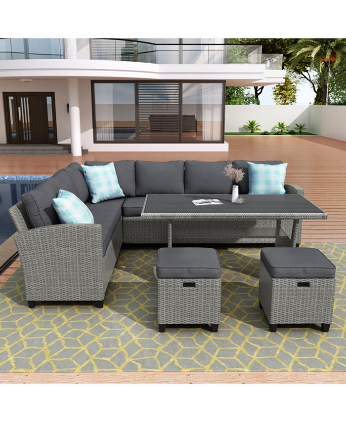 Simplie Fun Patio Furniture Set 5 Piece Outdoor Conversation Set Dining Table Chair with Ottoman and Throw Pillows(As same as WY000076EAA)