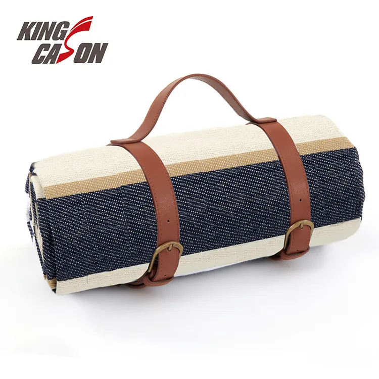 KINGCASON Manufacturer Wholesale Luxury Big Size Roll Up Picnic Blanket Leather Strap Picnic Mat For Camping