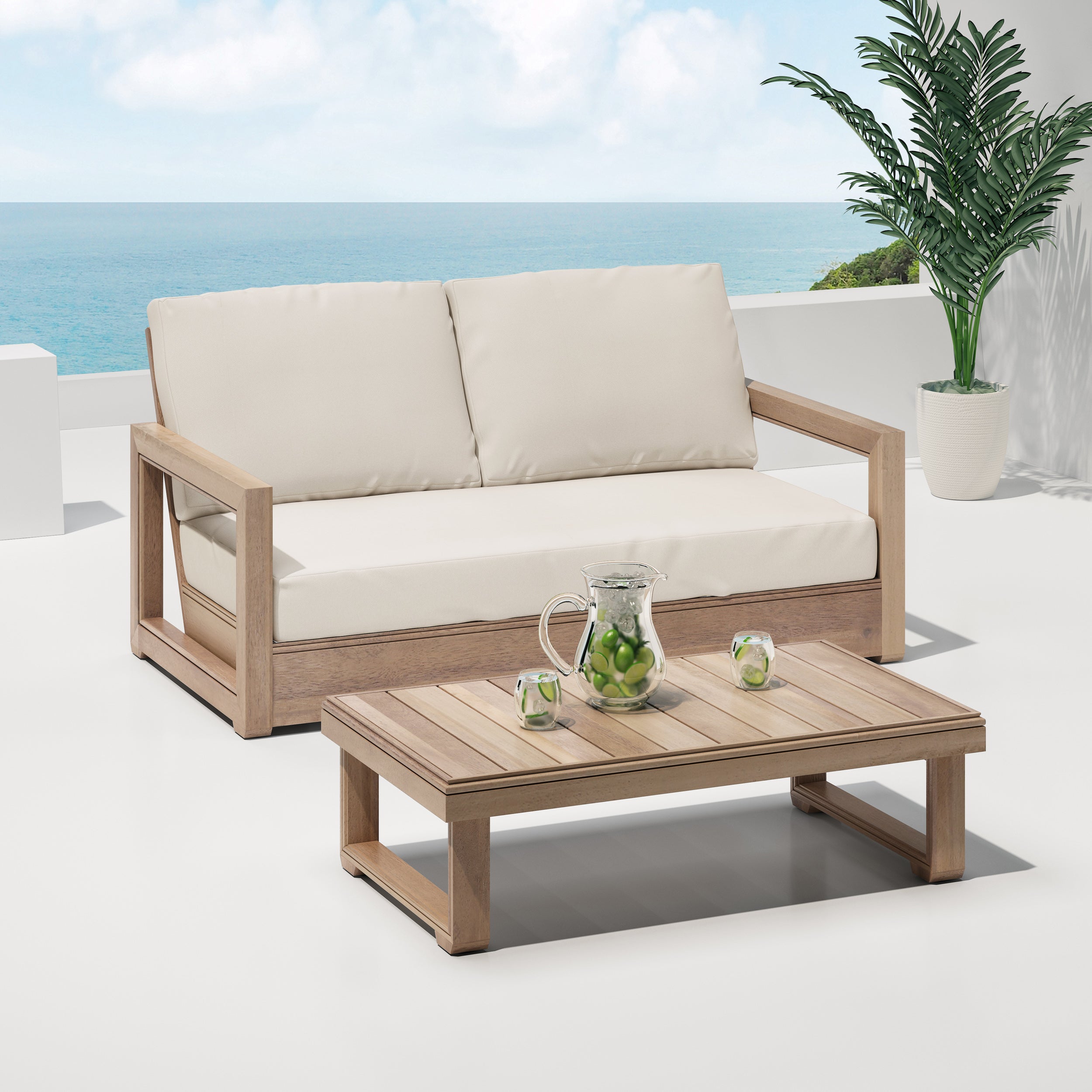 Andrae Outdoor Acacia Wood Loveseat Set with Coffee Table