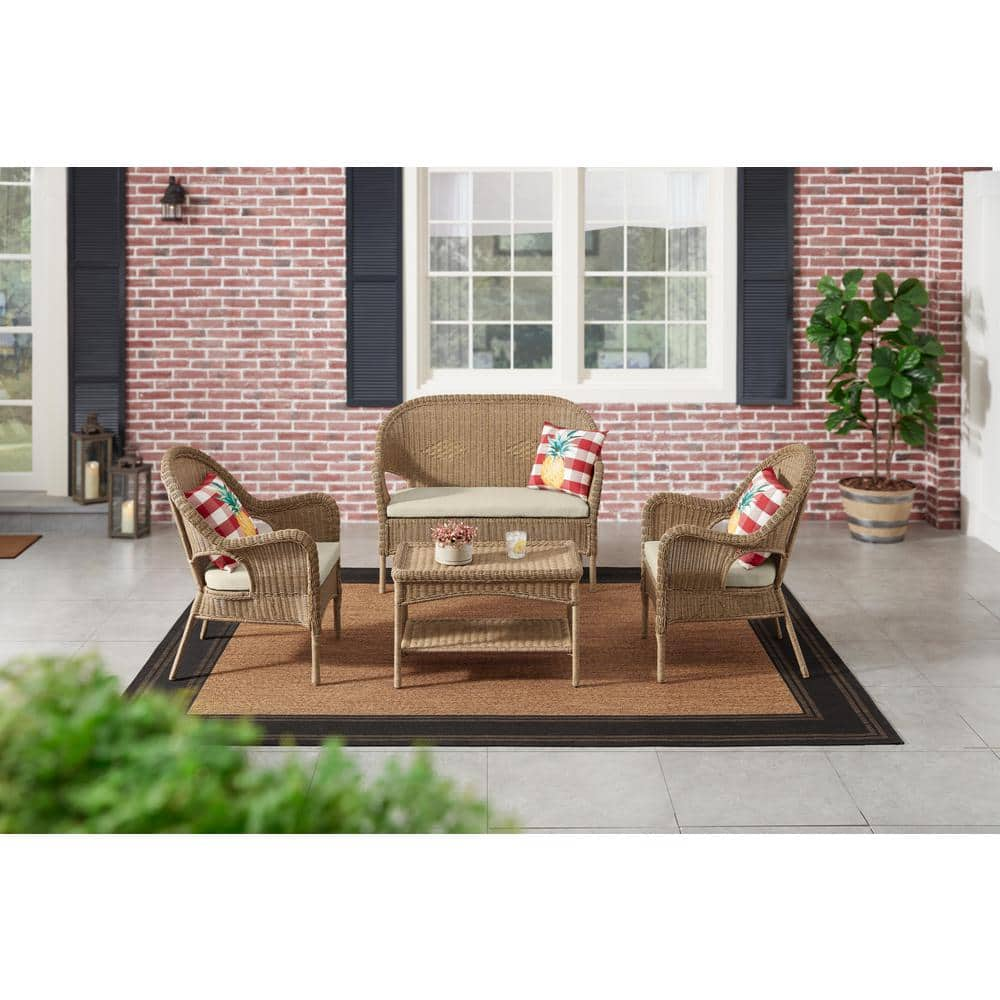 Hampton Bay Rosemont Light Brown Steel Wicker Stackable Outdoor Patio Loveseat with Putty Tan Cushion 65-913BR44