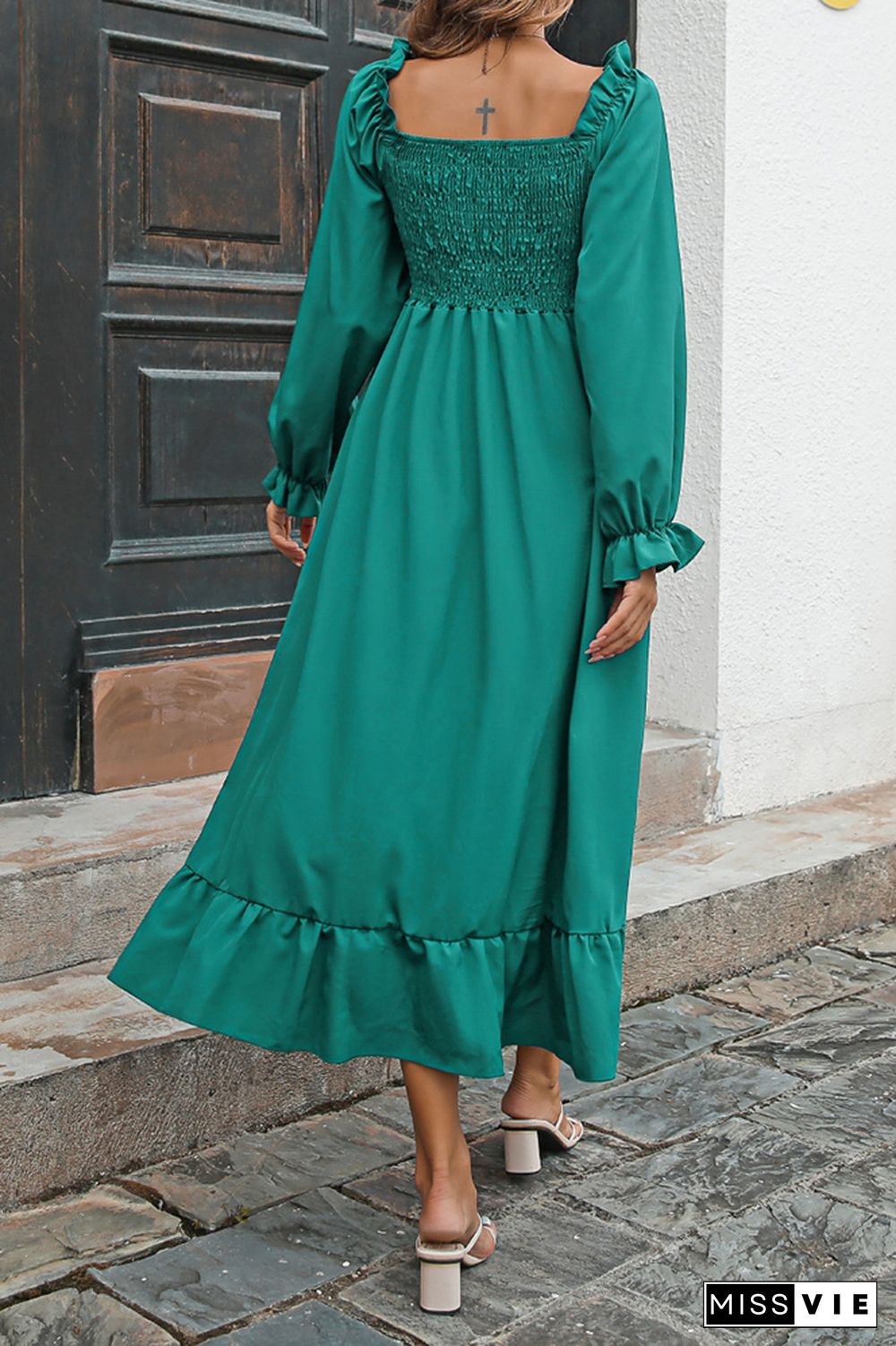 Smocked Square Neck Ruffles Maxi Dress