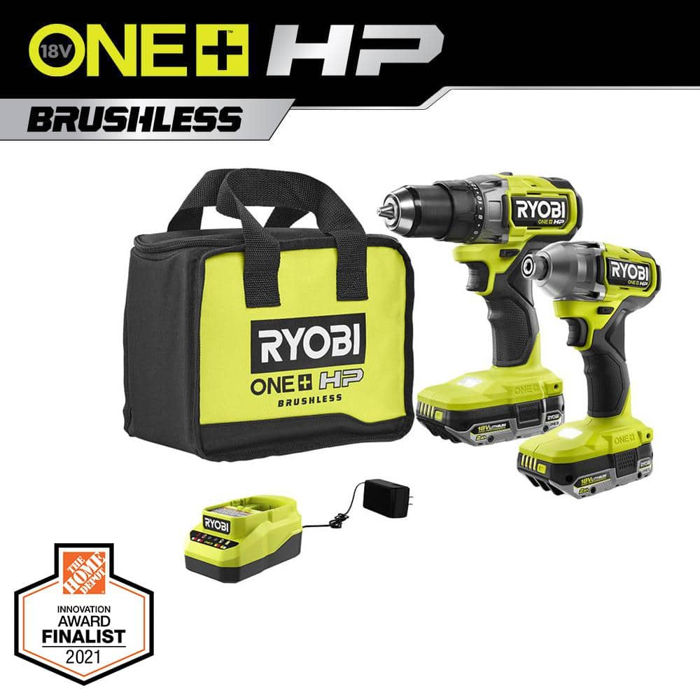 RYOBI ONE+ HP 18V Brushless Cordless 1/2 in. Drill/Driver and Impact Driver Kit w/(2) 2.0 Ah Batteries, Charger, and Bag PBLCK01K