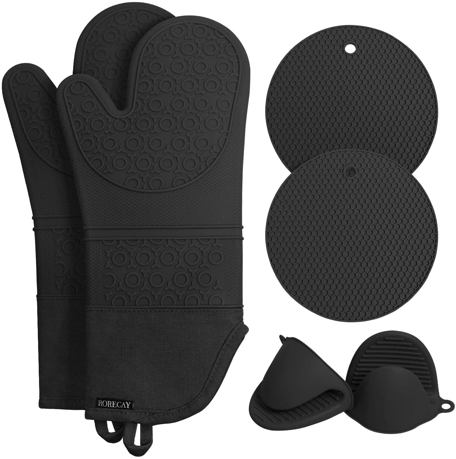 Extra Long Oven Mitts and Pot Holders Sets， RORECAY Heat Resistant Silicone Oven Mittens with Mini Oven Gloves and Hot Pads Potholders for Kitchen Baking Cooking， Quilted Liner， Black， Pack of 6