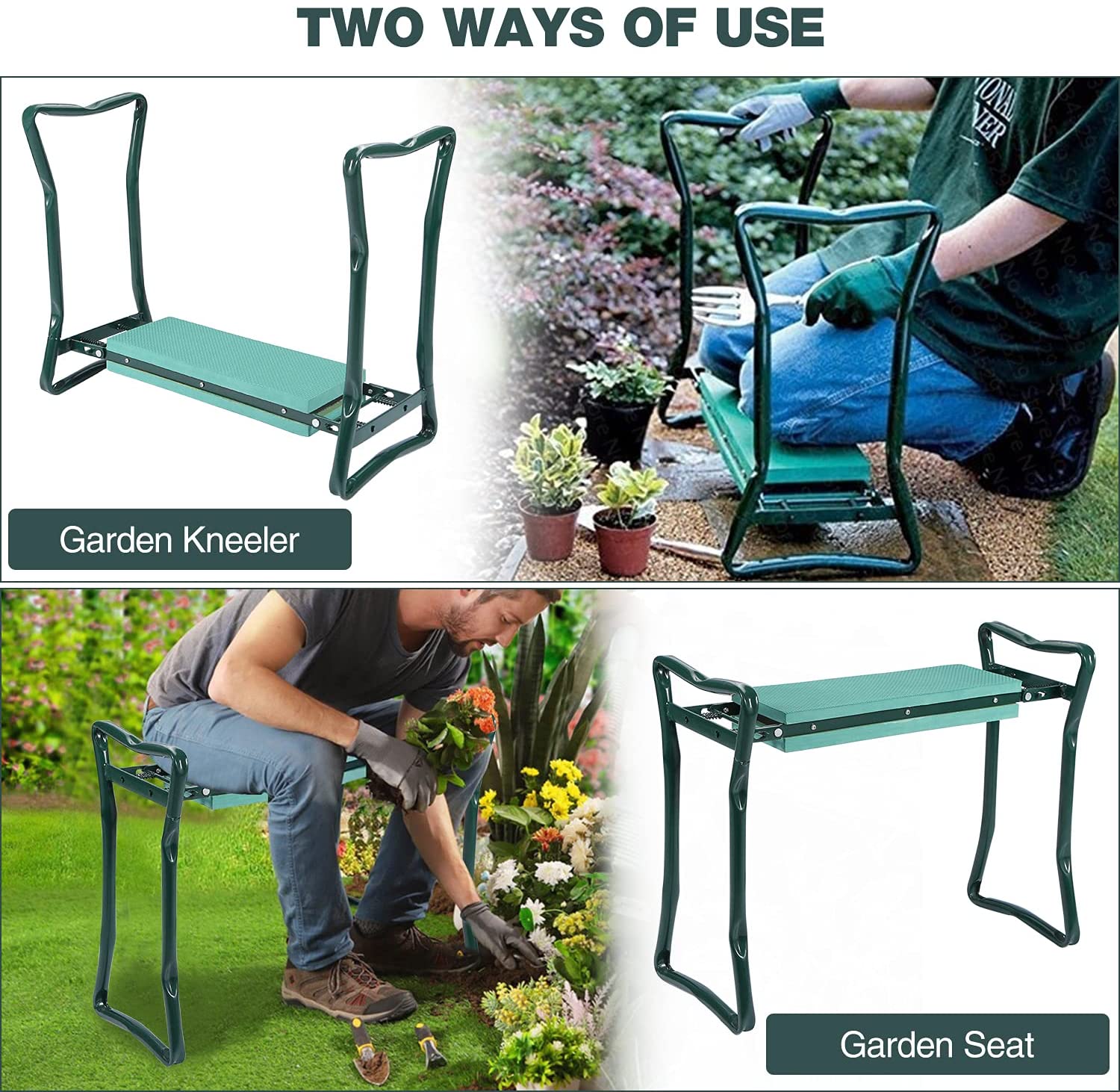 REDCAMP Foldable Garden Kneeler and Seat Heavy Duty, Lightweight Sturdy Metal Garden Stool for Seniors, Padding Kneeling Bench for Gardening, Green