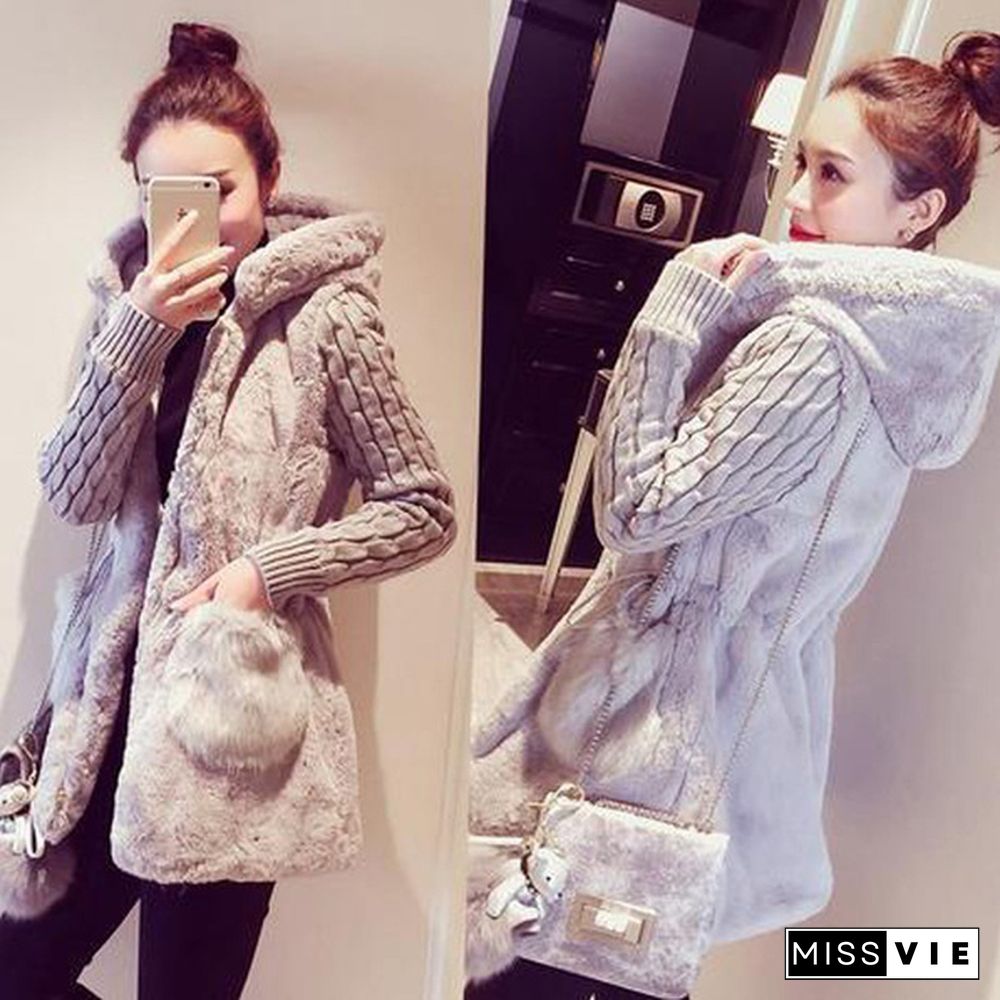 Women's Fashion Fleece Knitted Coat Winter Long Sleeves Hooded Jacket Overcoat