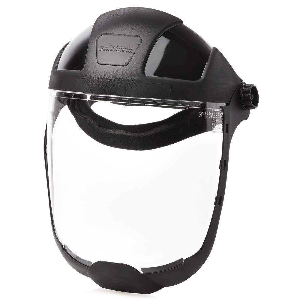 Multi-Purpose Single Crown Face Shield with Ratchet Headgear and Chin Guard， Clear Polycarbonate Window， Anti-Fog Coating， Black Crown