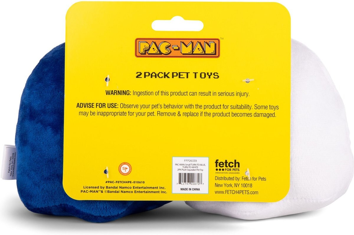 Fetch For Pets Pac-Man Turn-To-Blue and Turn-To-White Plush Squeaky Dog Toy， Small， 2 count