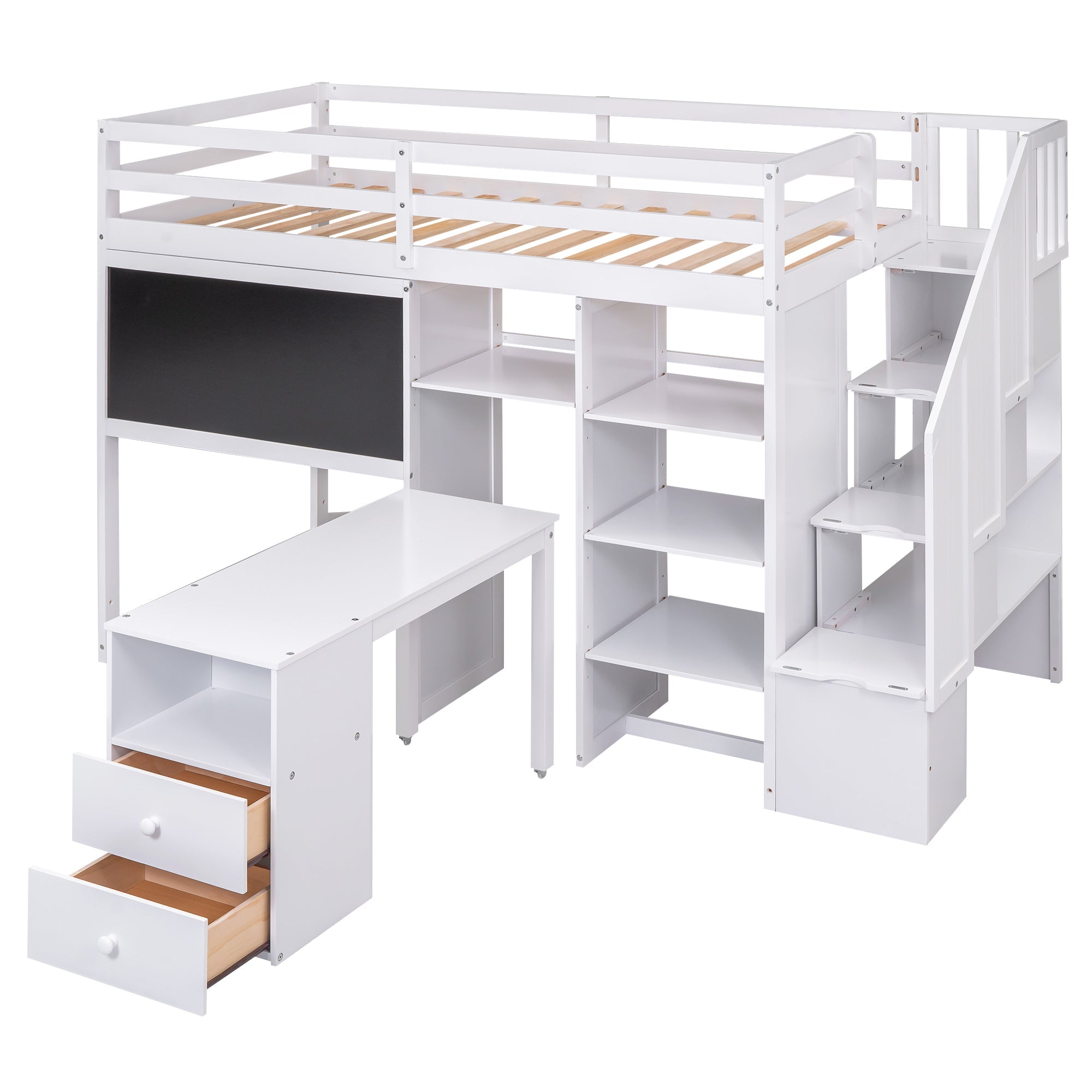 Pine Wood Loft Bed with Storage Staircase, Desk, Drawers and Blackboard for Kids, Twin, White