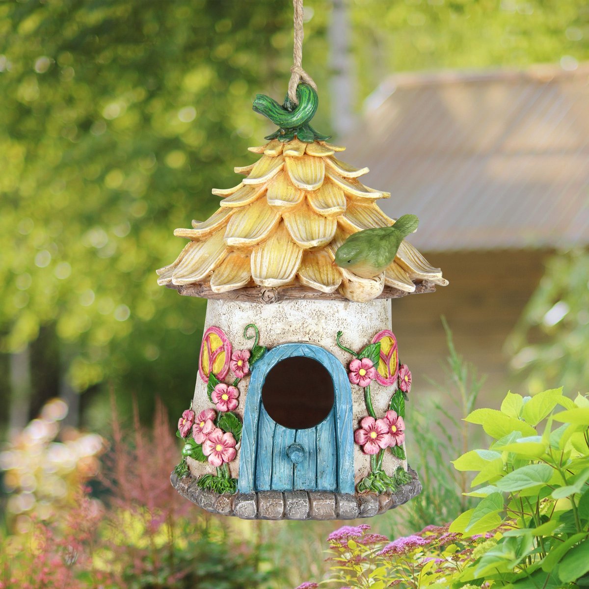 Exhart Solar Hand Painted Fairy House Hanging Bird House