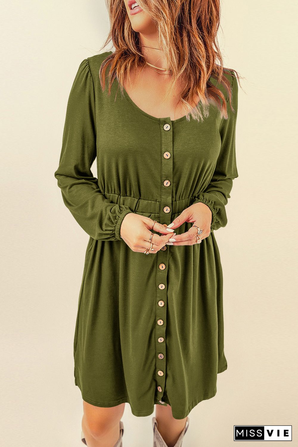 Green Button Up High Waist Long Sleeve Dress