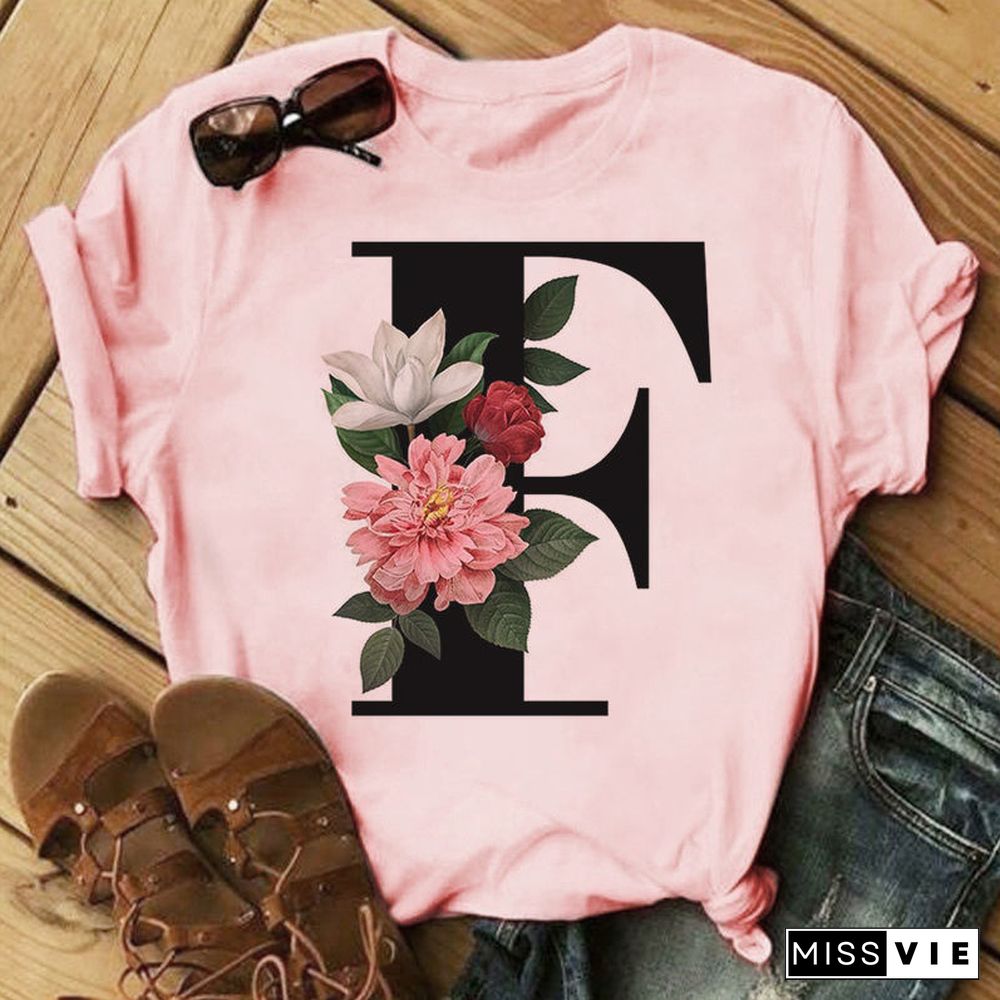 26 Letter Alphabet A-Z Women T-Shirts Fashion Breathable Flowers Short Sleeve Casual Tops Couple Basic Tee Crew Neck Clothes Top