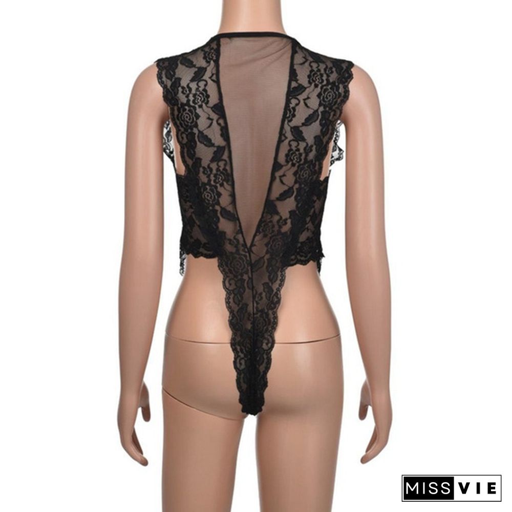 Fashion Solid Color Eyelash Lace Transparent Jumpsuit Women's Leotard V-neck Sleeveless Home Sexy Transparent Fun Jumpsuit