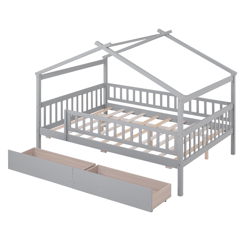 Full Size Wood Daybed with 2 Storage Drawers and Fence Guardrails  Kid's Bed with Wood Slats and House Shaped Frame