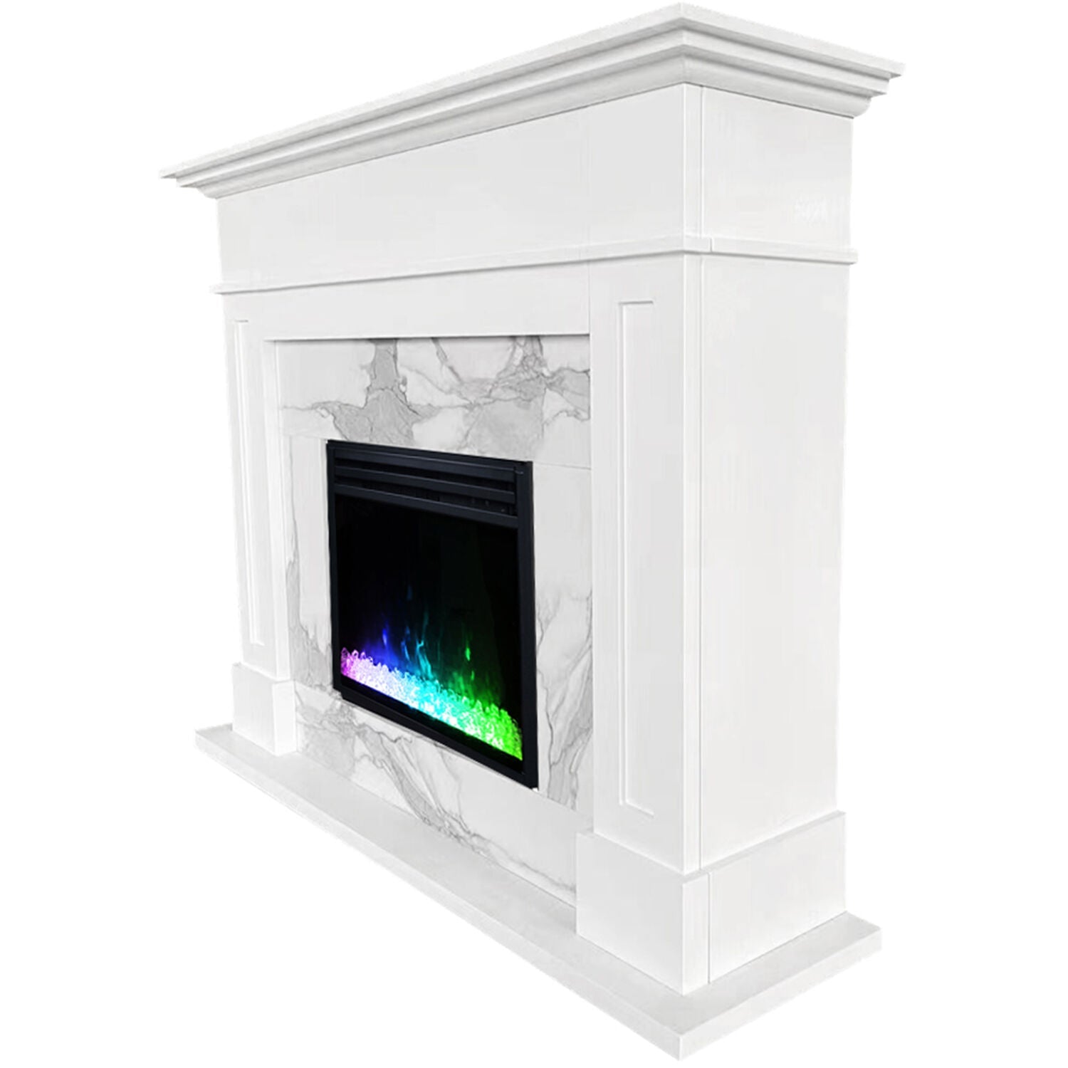 Sofia Cambridge 57-In. Modern Indoor Electric Fireplace Mantel with LED Multi-Color Crystal Insert with Remote | White Faux Marble | Heating for Living Room, Dining Room, Bedrooms up to 210 Sq.Ft.