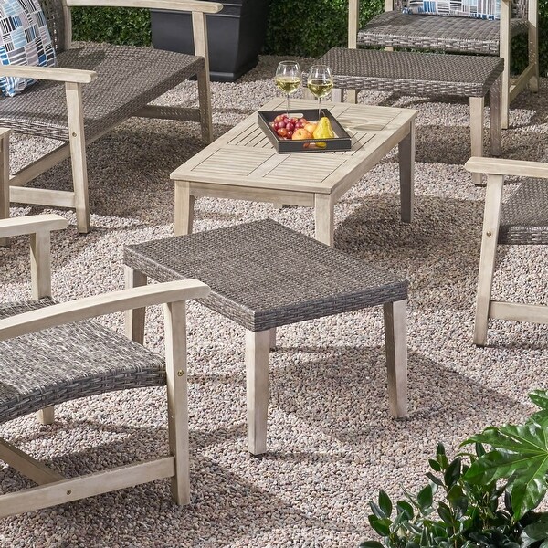 Hampton Outdoor Transitional Wicker and Acacia Wood Ottoman by Christopher Knight Home