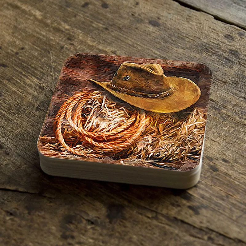 Cowboy Hat Wooden Cork Coasters Gift Set of 4 by Nature Wonders